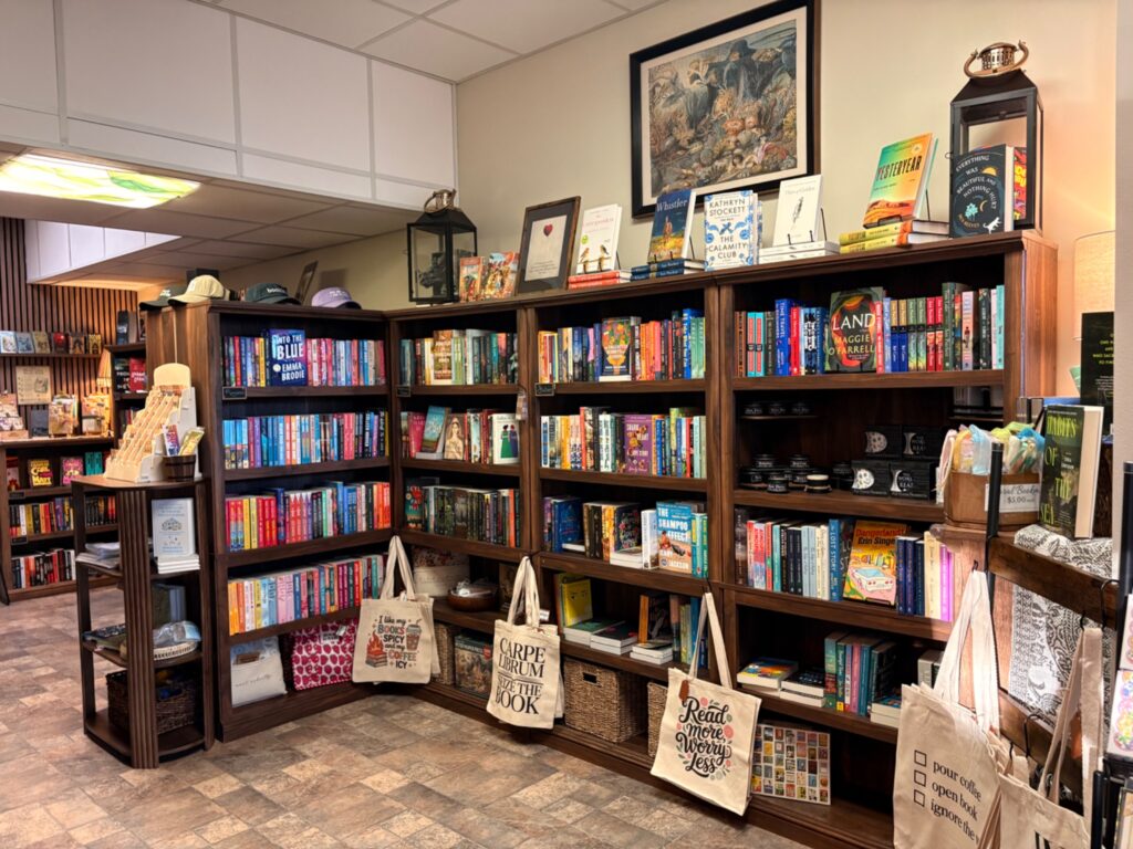 Shelves filled with books and literary gifts inside Cashmere Books & Gifts in Beaufort, SC.