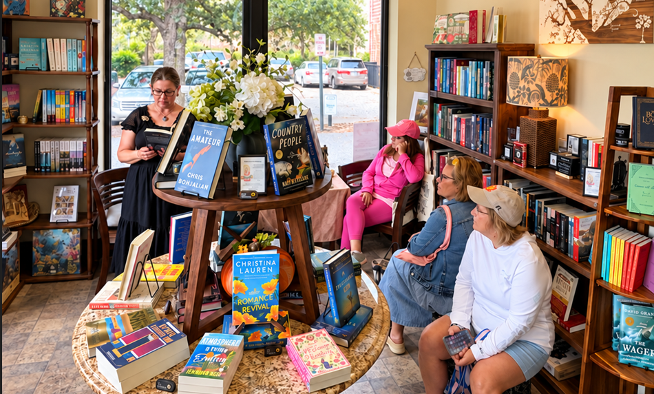 Readers gathered among book displays and shelves at Cashmere Books & Gifts.